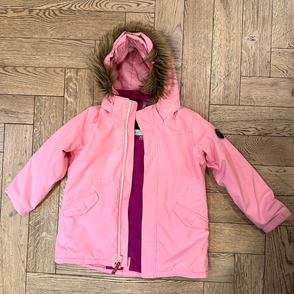 BURTON KIDS winter jacket size 5/6. PINK with faux fur hoodie. Very warm.